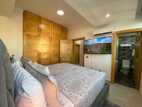 um quarto com uma cama e uma televisão de ecrã plano em Cozy City Center Condo Full AC em Santo Domingo