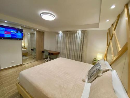 a bedroom with a bed and a flat screen tv at Lovely Sto Dgo Center Apt in Santo Domingo