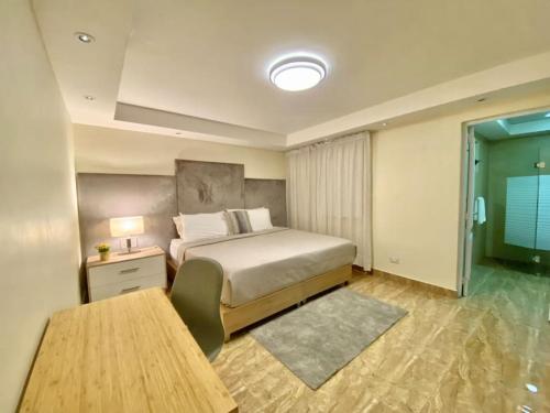 a bedroom with a bed and a desk and a bed sidx sidx sidx at Lovely Sto Dgo Center Apt in Santo Domingo