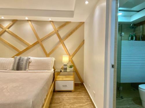 um quarto com uma cama e uma casa de banho com um chuveiro em Lovely Sto Dgo Center Apt em Santo Domingo