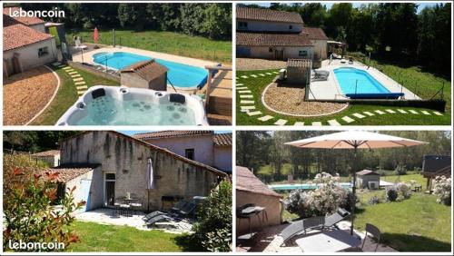 un collage de quatre photos d'une piscine dans l'établissement Centre de bien-être Naturéau avec massages et soins, à Chalandray