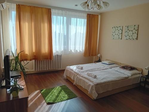 a bedroom with a bed in a room with windows at Green belt apartmann in Budapest