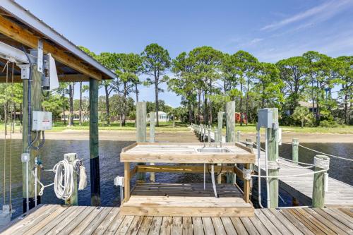 a wooden dock with a sink on the water at Private Beach and Dock Waterfront Panacea Retreat! in Panacea