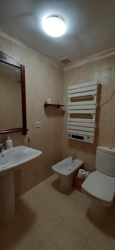 a bathroom with a sink and a toilet and a mirror at El Mirador de la Estación in Canfranc-Estación