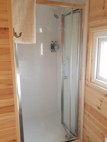 a glass shower in a bathroom with a window at Dunbeath Coastal Retreat in Dunbeath