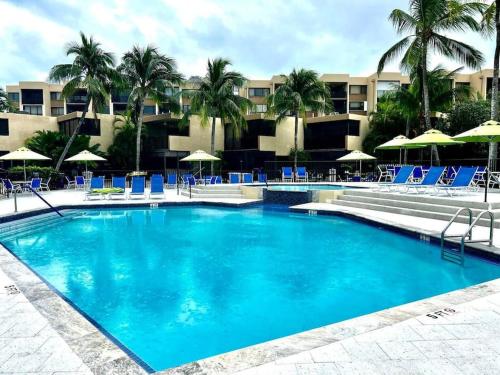 a large pool with blue chairs and palm trees at Serenity at Moon Bay! in Key Largo