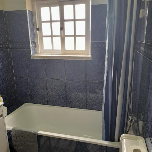 a bathroom with a bath tub and a window at Quarto duplo em Foros de Salvaterra in Estanqueiro