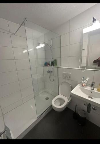 ein Bad mit einer Dusche, einem WC und einem Waschbecken in der Unterkunft Yigits Rooms in Luzern