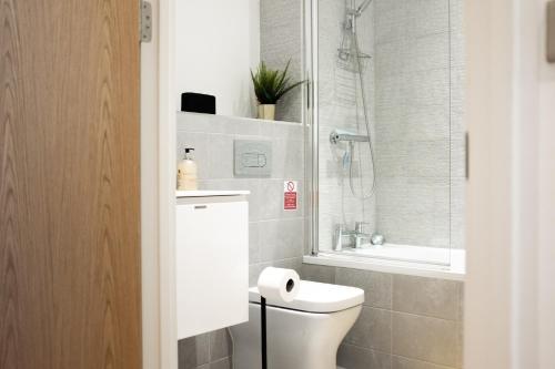 a bathroom with a toilet and a sink and a shower at Luxury, free gym, indoor terrace, city centre in Coventry