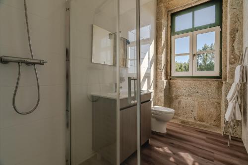 a bathroom with a shower and a toilet at Quinta Calheiros - Rural Place in Coucieiro