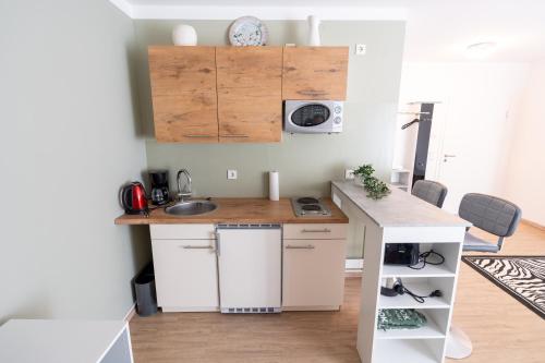 a small kitchen with a sink and a counter at Ferienparadies Amadeus in Burtenbach
