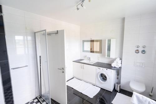 a bathroom with a washing machine and a sink at Ferienparadies Amadeus in Burtenbach