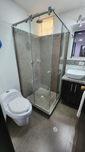 een badkamer met een douche, een toilet en een wastafel bij White Coral ApartaSuites in San Andrés