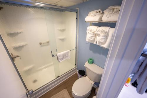 a bathroom with a shower and a toilet and towels at Stunning View, Direct Oceanfront, Boardwalk, Pools in Myrtle Beach
