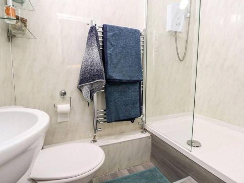 a bathroom with a toilet and a shower with blue towels at The Hideaway - Perfect couples retreat with Free parking on driveway in Lytham St Annes