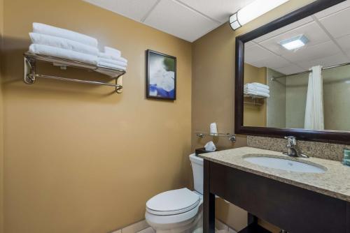 a bathroom with a toilet and a sink and a mirror at Best Western Philadelphia South - West Deptford Inn in Thorofare