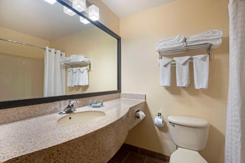 La salle de bains est pourvue d'un lavabo, de toilettes et d'un miroir. dans l'établissement Best Western Laramie Inn & Suites, à Laramie