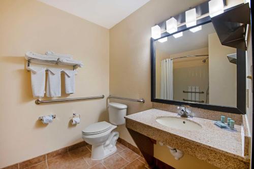 a bathroom with a toilet and a sink and a mirror at Best Western Laramie Inn & Suites in Laramie