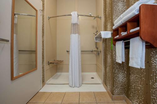y baño con ducha y cortina de ducha. en Hampton Inn Bowling Green KY en Bowling Green
