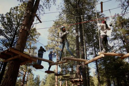 a group of people on a zip line in a forest at DoubleTree by Hilton Hotel Flagstaff in Flagstaff