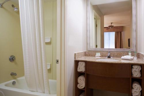 La salle de bains est pourvue d'un lavabo, d'une baignoire et d'un miroir. dans l'établissement Homewood Suites by Hilton Raleigh-Durham Airport at RTP, à Durham