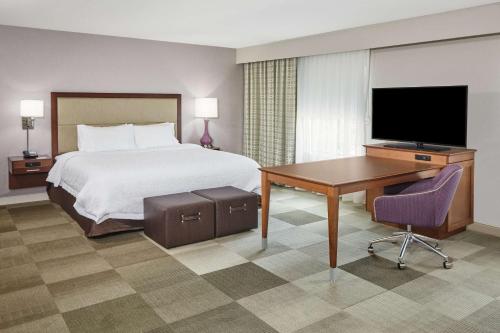 ein Hotelzimmer mit einem Bett, einem Schreibtisch und einem TV in der Unterkunft Hampton Inn Fond du Lac in Fond du Lac