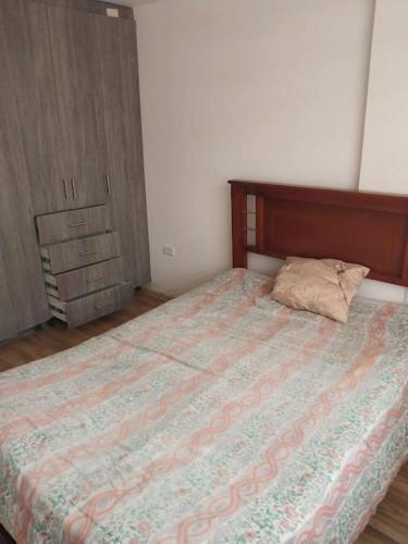 1 dormitorio con cama con almohada y vestidor en Departamento moderno y amoblado, en Quito