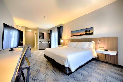 a hotel room with a bed and a flat screen tv at Hilton Garden Inn Santa Barbara/Goleta in Santa Barbara