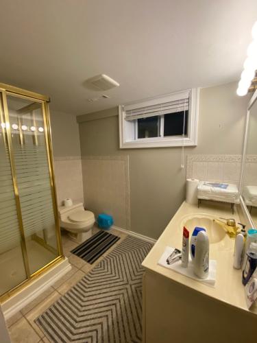 a bathroom with a shower and a sink and a toilet at Spacious Guest house -walkout Basement- 4 guests! -dedicated workspace-No Pet! No Cooking! No Smoking! No Party! in Ottawa