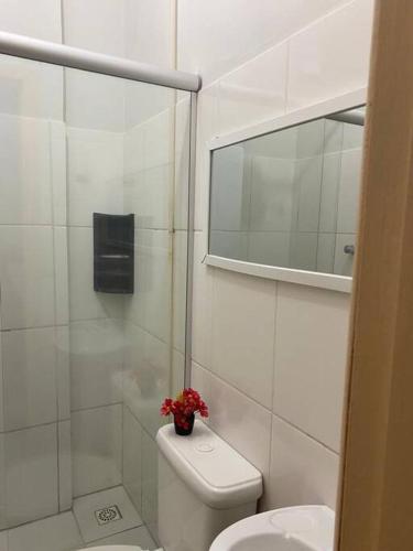 a white bathroom with a toilet and a mirror at Apartamento encantador 6 in Montes Claros