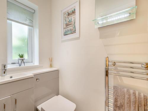 a bathroom with a toilet and a sink and a window at Woodlands Barn in Chinley