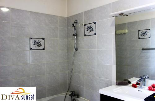 W łazience znajduje się prysznic i umywalka. w obiekcie Tahiti Diva Sunset studio w mieście Papeete