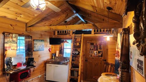 eine Küche mit einem Herd und einem Waschbecken in einer Hütte in der Unterkunft River Log Cabins in Waterville