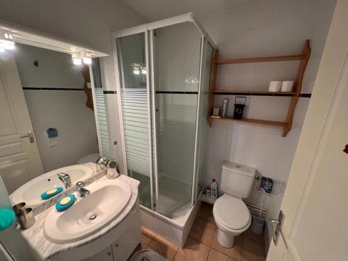une salle de bain avec une douche, un lavabo et des toilettes dans l'établissement Appartement 3 pièces avec grande terrasse aux Angles - FR-1-593-94, aux Angles