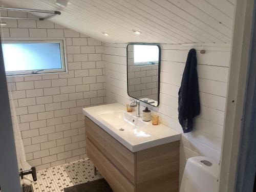 a bathroom with a sink and a mirror at Holiday home Gedsted III in Gedsted