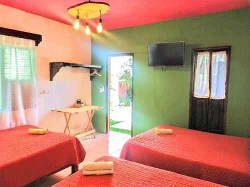 Habitación con 2 camas y TV en la pared. en Posada "Jardin Huasteca Xilitla", en Xilitla