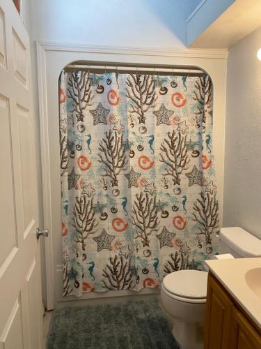 a bathroom with a shower curtain and a toilet at Legend oaks in Gautier