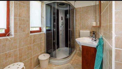 y baño con ducha y lavamanos. en Holiday home in Balatonkeresztur 43400, en Balatonkeresztúr