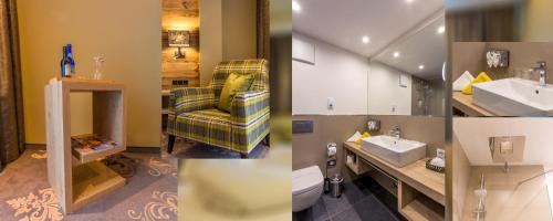 a collage of four pictures of a bathroom at Hotel Bergruh in Oberstdorf