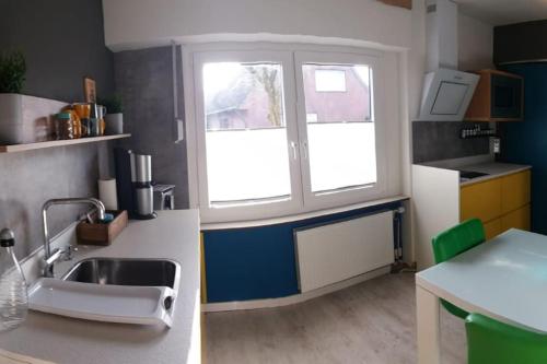 uma pequena cozinha com um lavatório e uma janela em Ferienwohnung Zum Wenning mit Garten in Stadtlohn em Stadtlohn