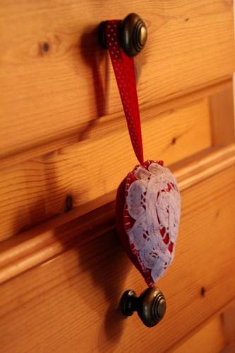 a wooden door with a red and white object on it at La Maison des Chats in Saint-Mary-le-Plain