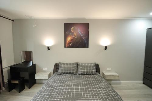 a bedroom with a bed and a painting on the wall at Cosmos in Ternopilʼ