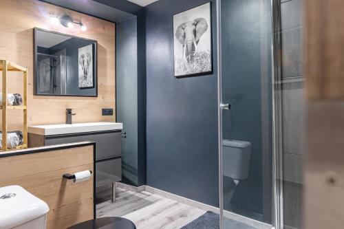 a bathroom with a shower and a toilet and a sink at Les Figuiers - Appartement 2 Chambres avec Sauna à Andenne in Andenne