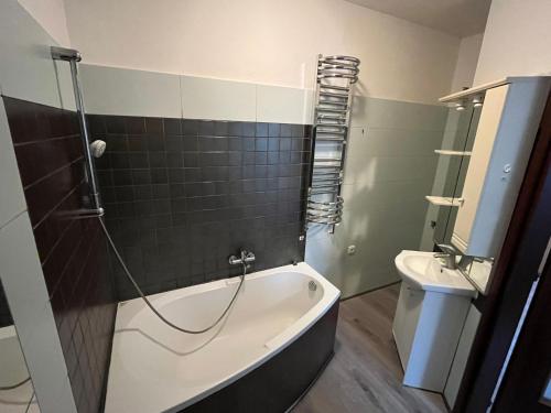łazienka z wanną i toaletą w obiekcie Apartman Orlí hnízdo w mieście Liberec