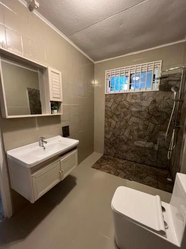 La salle de bains est pourvue d'un lavabo, de toilettes et d'une douche. dans l'établissement Villa Grand Jardin, à Jan Thiel