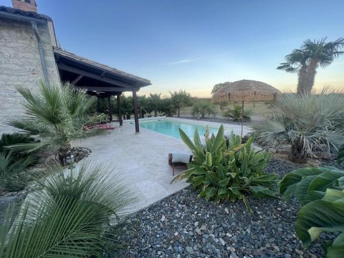 une arrière-cour avec une piscine et quelques plantes dans l'établissement Le Relais des Chevaliers 