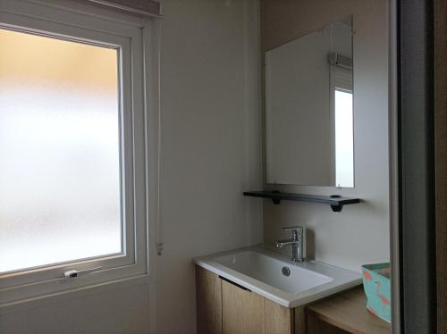 ein Bad mit einem Waschbecken, einem Spiegel und einem Fenster in der Unterkunft Mobil home moderne neuf et ultra équipé de 6 à 8 couchages in Canet-en-Roussillon