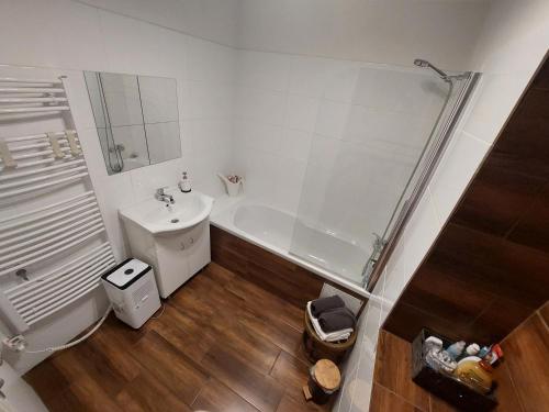 a bathroom with a shower and a toilet and a sink at Apartmán Aromasalon in Třebíč