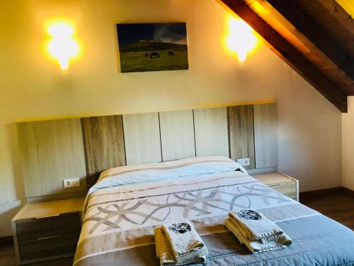 a bedroom with a bed with two towels on it at Apartamentos Zabalarena Basoa in Orbaiceta