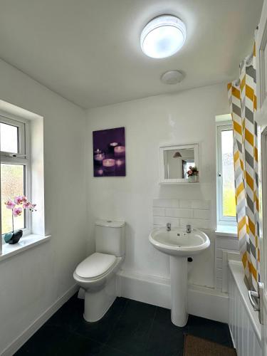 a white bathroom with a toilet and a sink at Langdale House 5 bedroom 7 beds 3 bathrooms in Derby